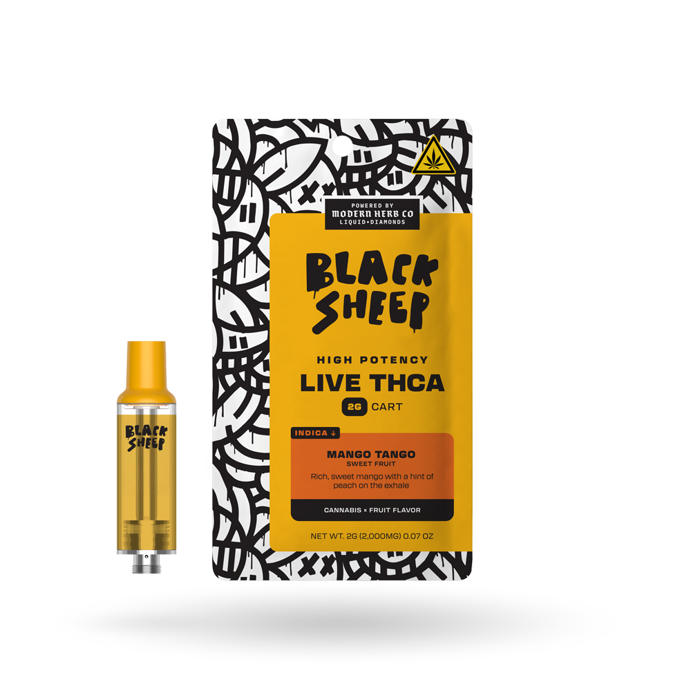 Black Sheep Liquid Diamonds Mango Tango Indica vape cartridge, 2g, showing the black and gold design on the cartridge.