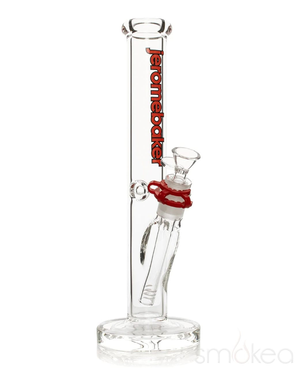 Red Jerome Baker EVO straight bong with glass mouthpiece and base, showcasing its sleek design and clear glass craftsmanship.