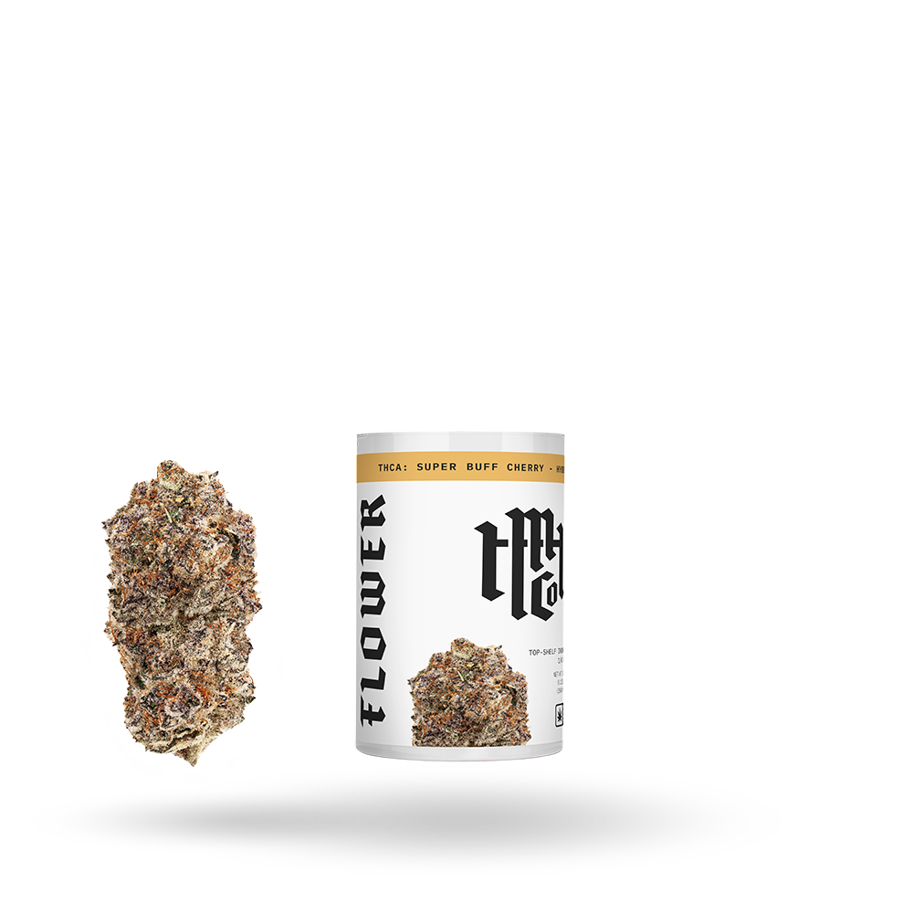 Hybrid THCa flower called Super Buff Cherry by Modern Herb Co, 1/8oz, showing vibrant buds suitable for medical or recreational use.
