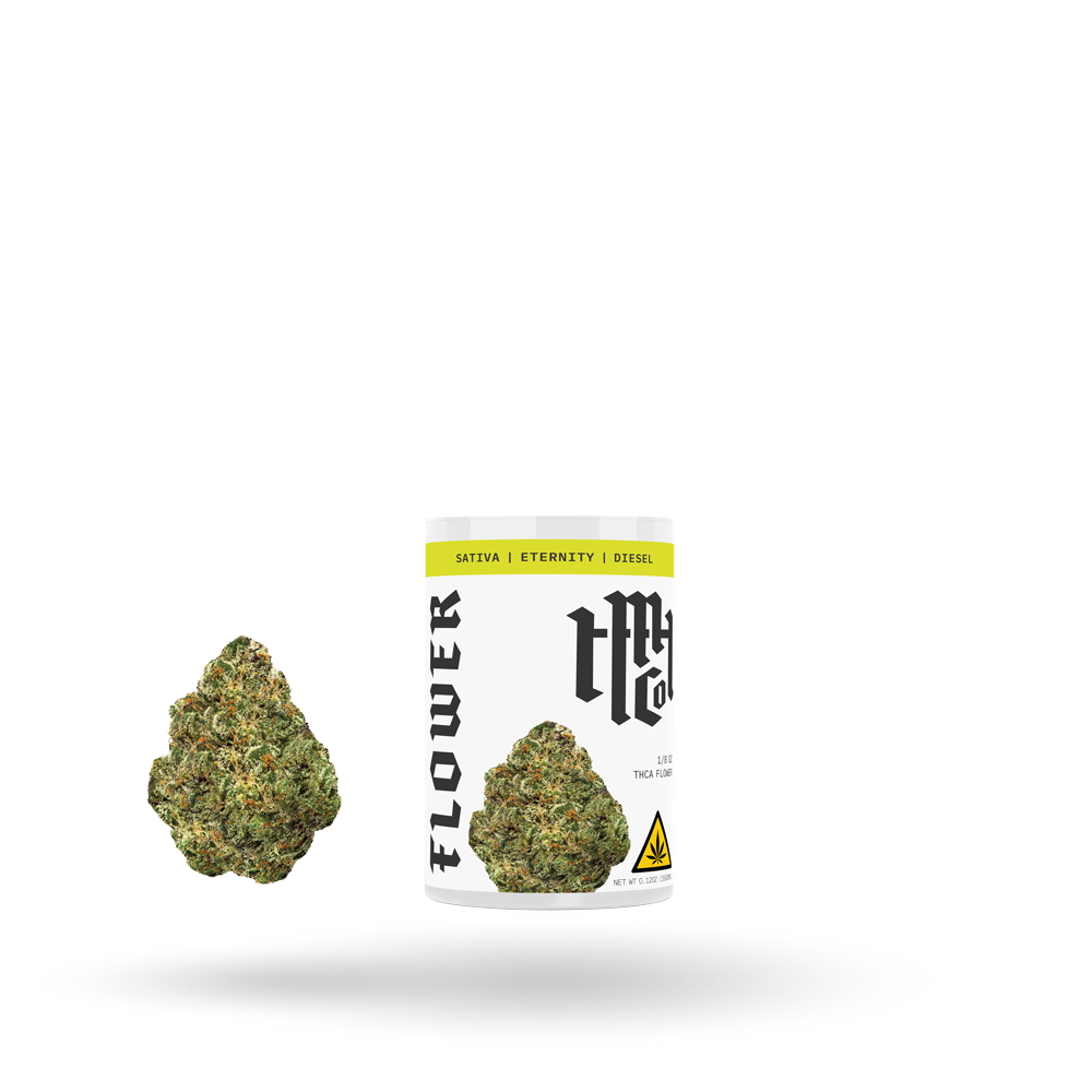 Modern Herb Co THCa Flower Eternity Sativa 1/8oz, fresh cannabis flower with vibrant green buds and orange hairs.