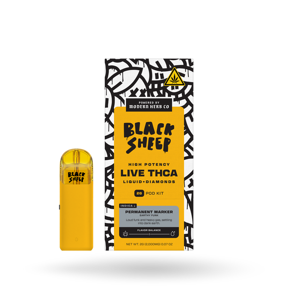 Black Sheep Liquid Diamonds Pod Kit with 2g Indica permanent marker, featuring sleek pod starter kit design and branding.