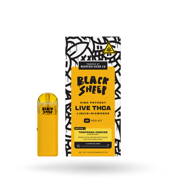 Black Sheep Liquid Diamonds Tropicana Cookies sativa pod starter kit with 2g of cannabis oil, front view showing the sleek pod design.