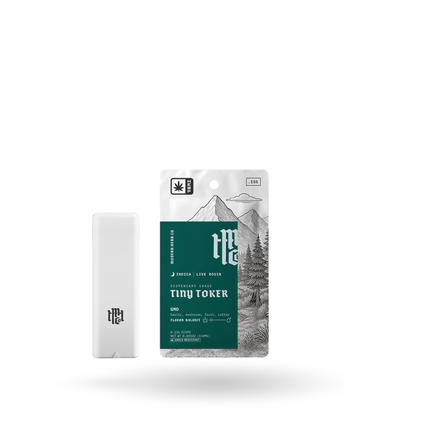 Disposable Rosin Vape Tiny Toker GMO Indica by Modern Herb Co, featuring a sleek front view of the .15g vape device.