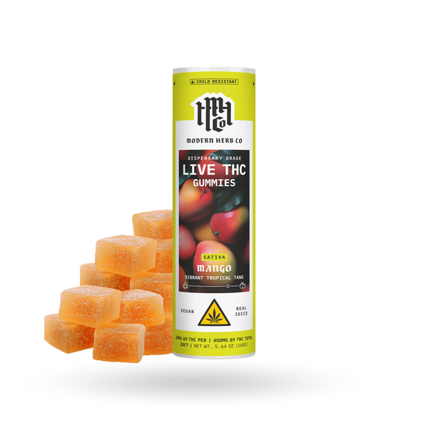 Modern Herb Co Mango Live Resin D9 THC Gummies 20ct package showing vibrant mango flavor label and gummy tube design.