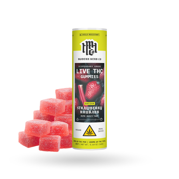 Modern Herb Co Strawberry Rhubarb Live Resin D9 THC Gummies in a 20-count tube, featuring colorful gummy candies and product label