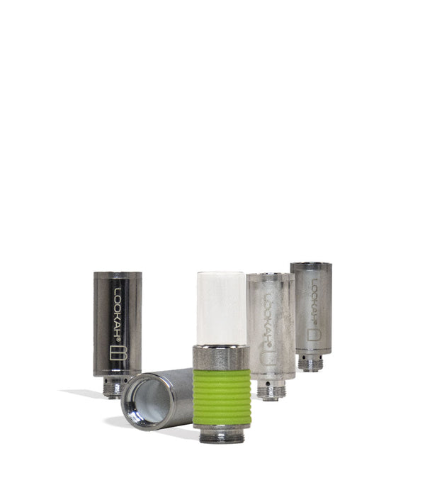 Set of four Lookah 510 Type M Quartz Tanks for vaporizers, transparent and cylindrical with metal mouthpieces.