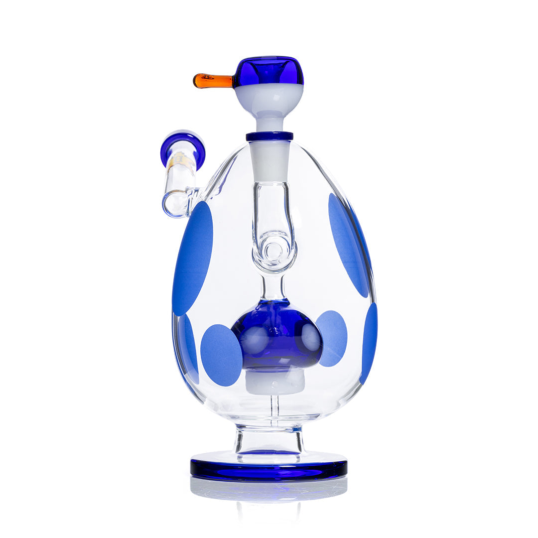 HEMPER Spotted Egg XL Bong, 9-inch blue waterpipe with a rounded egg shape, clear glass with spotted design, front view on white background.
