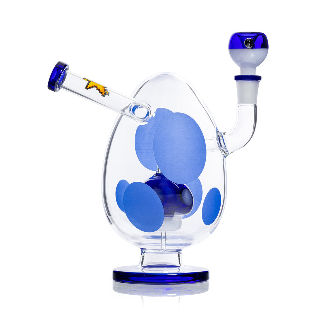 HEMPER Spotted Egg XL Bong, 9-inch blue water pipe with spotted design, glass rig for smoking, on white background.