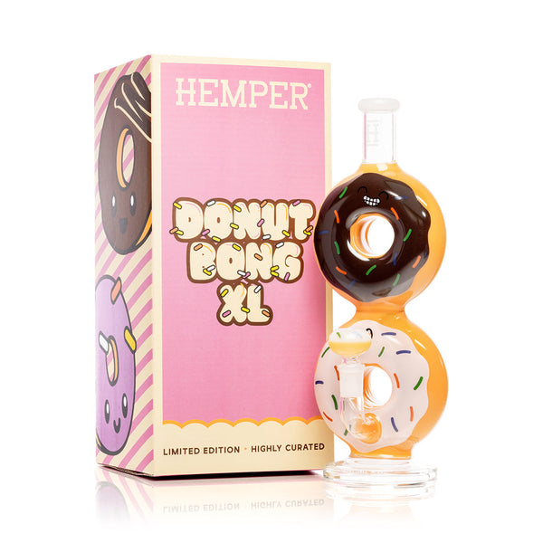 Large HEMPER Donut XL Bong with clear glass body and colorful donut design, displayed on a white background.