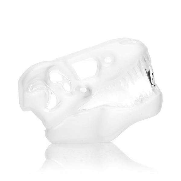 Hemper Jurassic Spark Skull Glass Pipe with detailed skull design, clear glass body, and colorful accents for smoking or display.