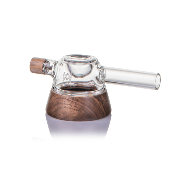 MJ Arsenal Base Camp glass pipe, clear hand-blown smoking pipe with smooth curves and a round bowl for herbal use.