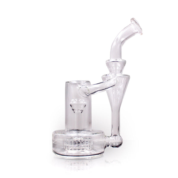 7.25-inch Matrix Recycler water pipe by The Stash Shack featuring a clear glass design with intricate recyclers and colorful accents.