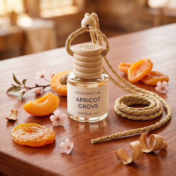 Scent Logic Lab apricot grove car diffuser with fruity scent, featuring a sleek design for freshening vehicle interiors.