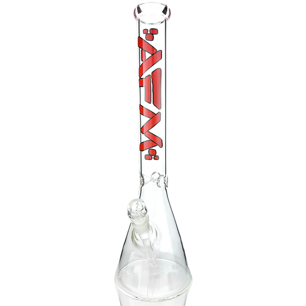 Clear glass beaker bong with 18-inch height and 5mm thickness from AFM Smoke, featuring a classic design and sturdy construction.