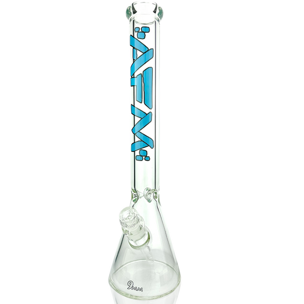 Clear glass 18-inch AFM Heavy Boi beaker bong with sturdy base and large mouthpiece, designed for smooth smoking sessions.