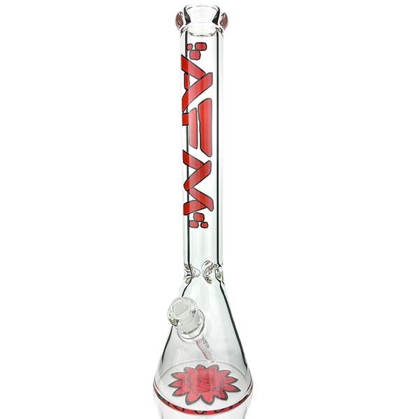 Clear 18-inch AFM Smoke glass flower monkey beaker bong with 9mm thickness, featuring intricate flower and monkey design.
