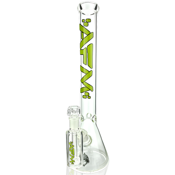 Clear glass 18-inch beaker bong with ash catcher from AFM Smoke, showcasing a durable glass design and sturdy base.