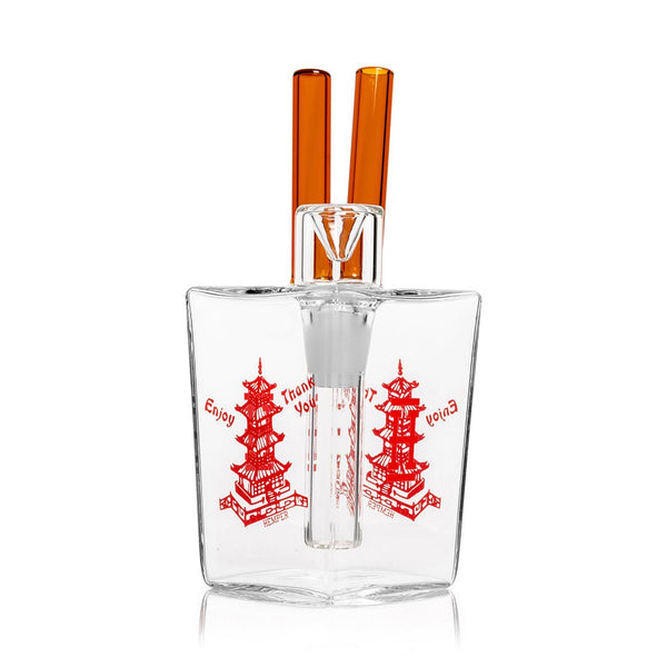 Hemper Chinese Takeout glass water pipe with clear design, featuring intricate glasswork and a compact, functional shape.