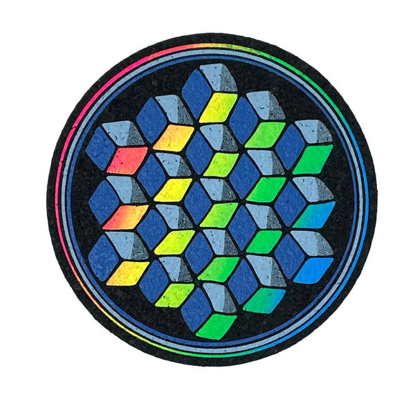 White Mood Mats coaster featuring cube design, made by Erik Anderson, with a sleek and modern geometric pattern.