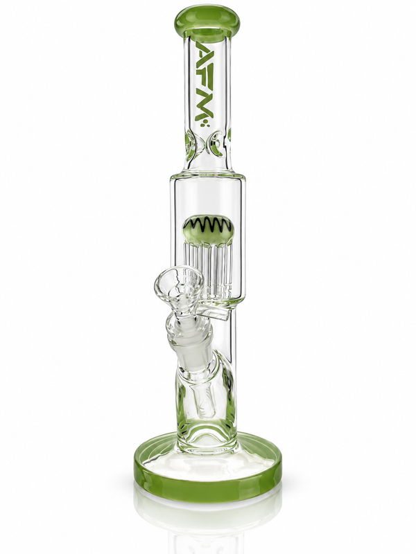 Green-accented AFM 11-inch Reversal Tree Perc Mini Beaker Bong made of glass, featuring a tree percolator for smooth smoking.