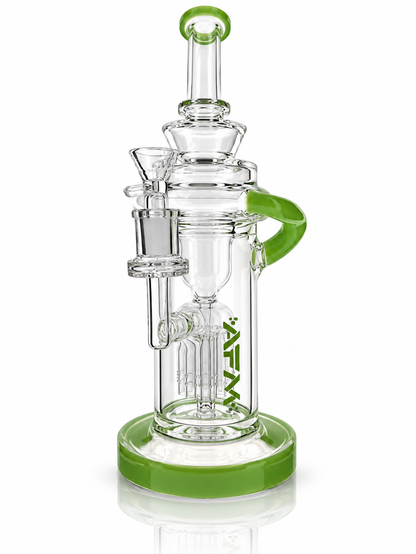 Green-accented AFM Smoke 10-inch glass recycler dab rig with a colorful design and sturdy build for concentrates.