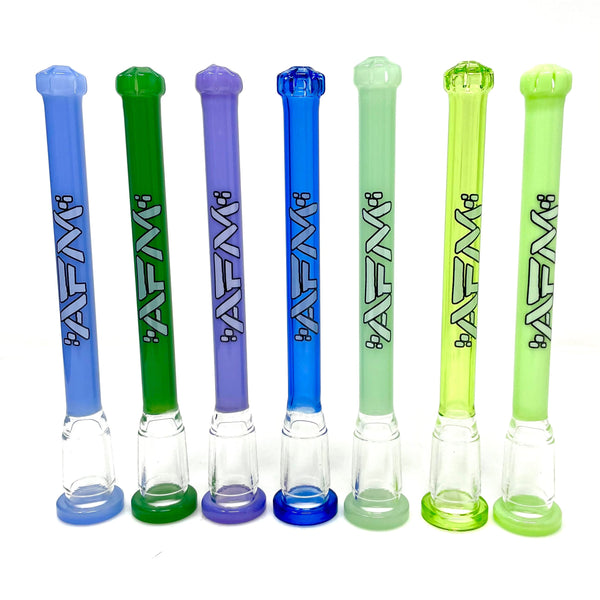 5-inch AFM Smoke color showerhead downstem showing a clear glass tube with a showerhead diffuser at the top.
