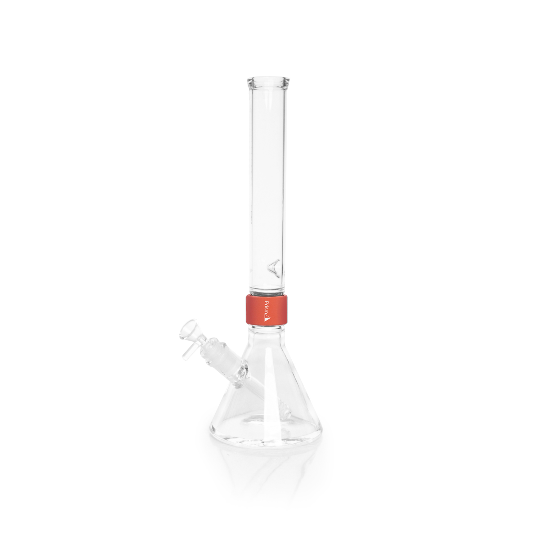 Prism Mini Tall Beaker in coral color, part of Prism Halo Fam Favorites collection, with clear glass body and measurement markings.