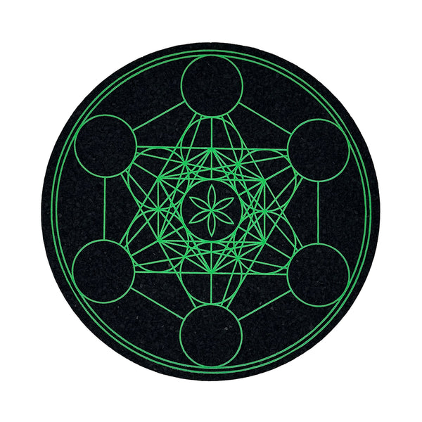 Green Metatron 8 coaster by Mood Mats featuring intricate Metatron symbol design on a durable, decorative coaster.