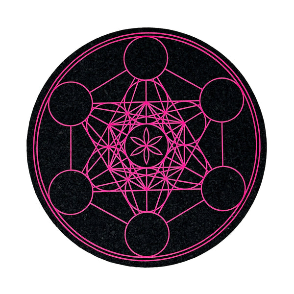 Pink Metatron 8 coaster by Mood Mats featuring intricate geometric pattern on a durable surface.