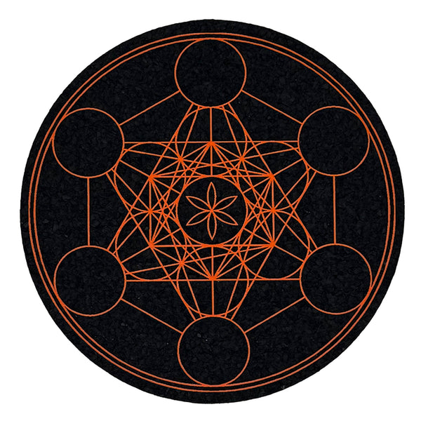 Orange Metatron 11.11 coaster by Mood Mats featuring intricate geometric patterns and vibrant design.