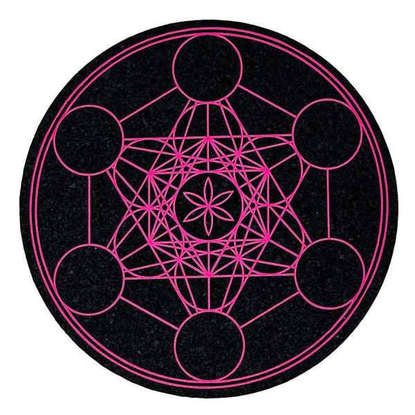 Pink Metatron 11.11 coaster from Mood Mats featuring intricate geometric designs on a smooth surface.