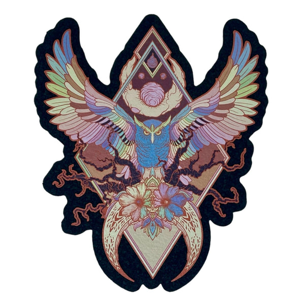 Lunar Strix coaster by Mood Mats featuring a celestial owl design on a dark background, ideal for protecting tabletops.