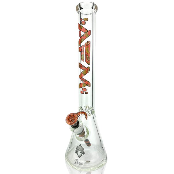 Clear glass 18-inch AFM Smoke beaker bong with 9mm thickness, featuring a sturdy base and smoking accessories in bundle.