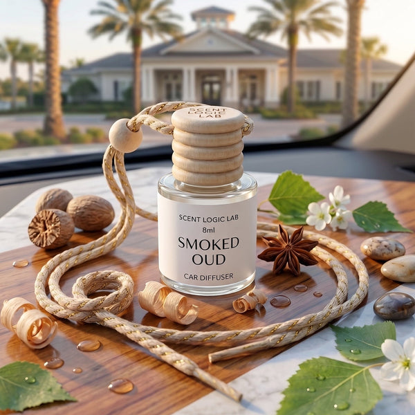 Refillable smoked Oud car diffuser by Crazy About Candles with 8ml long-lasting fragrance in a sleek design.