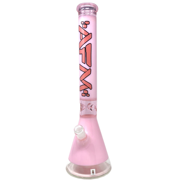 Pink 18-inch AFM Pulsar glass beaker bong with clear base and green accents, designed for smooth smoking experience.