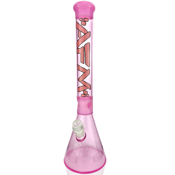 Pink glass beaker bong with 18-inch AFM Pulsar design, featuring a double chamber and clear glass construction.