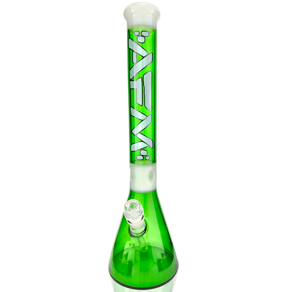 18-inch AFM Pulsar color glass beaker bong in forest green and ivory with a sturdy beaker shape, perfect for smoking.