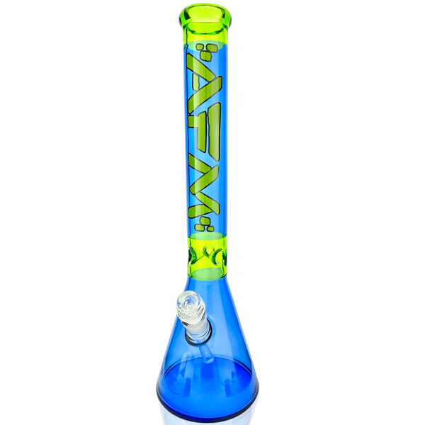 AFM Smoke 18-inch Pulsar color glass beaker bong in ink blue and lime with a sturdy base and clear glass construction.