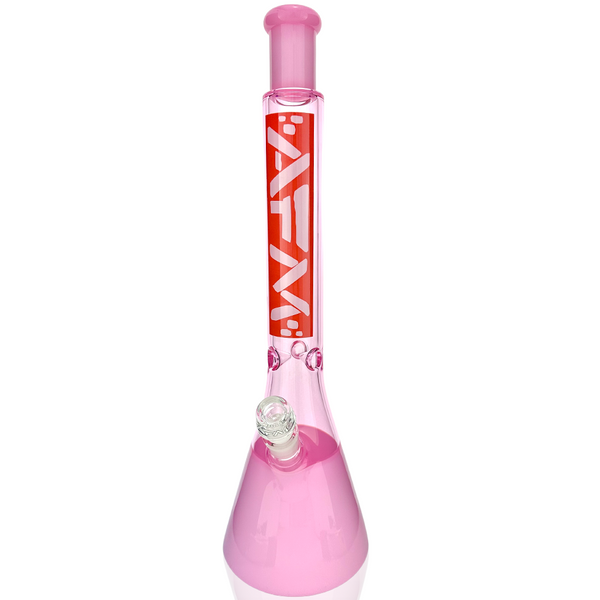 Pink 18-inch AFM Red Label Quasar color glass beaker bong with a sturdy design and clear glass body.