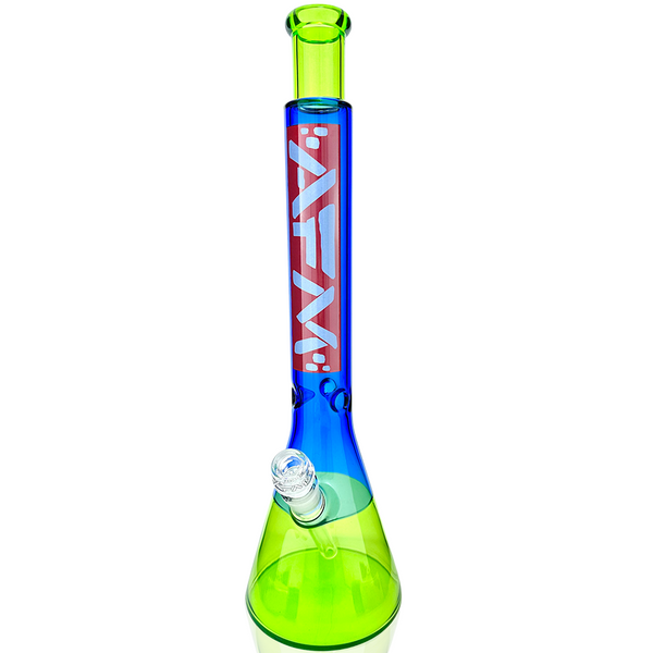 18-inch AFM Smoke Red Label Quasar Glass Beaker Bong in ink blue and lime with a sturdy beaker shape and colorful design.