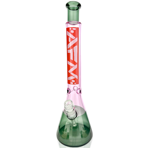 18-inch AFM Smoke Red Label Quasar glass beaker bong with smokey and ivory accents, featuring a sturdy base and clear glass design.
