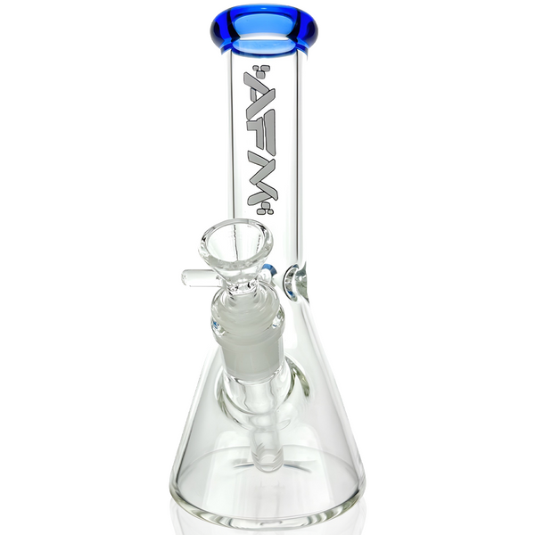 8-inch AFM Smoke colored lip clear mini beaker bong with a sturdy glass construction and vibrant accents.