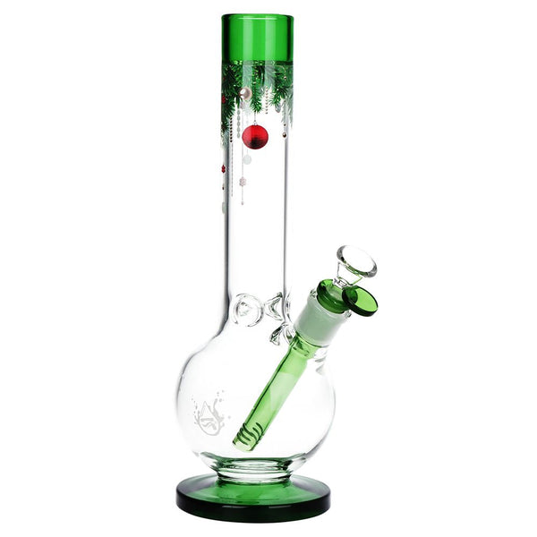 Pulsar Christmas Time glass water pipe with bubble base, 11.75 inches tall, featuring festive design and 14mm female joint.