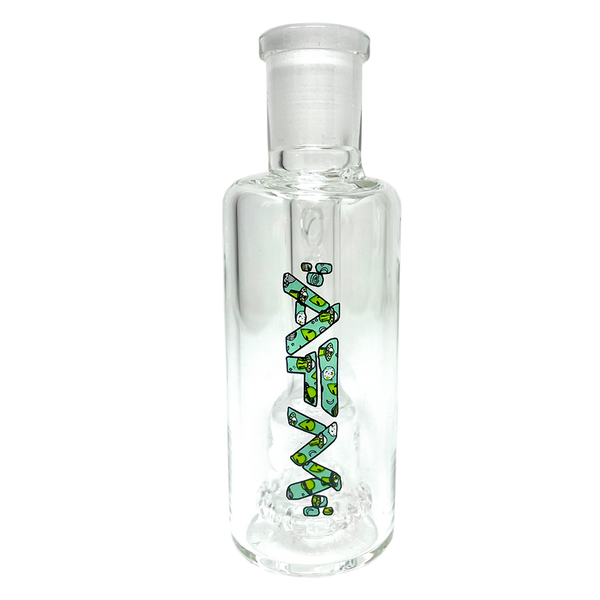 AFM Smoke 5-inch green alien showerhead perc glass ash catcher with intricate design and percolator for smooth filtration.