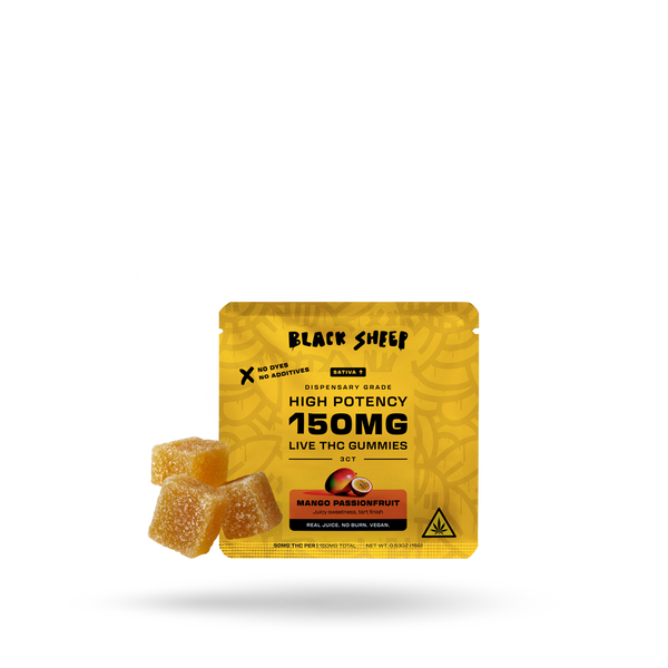 Black Sheep Mango Passionfruit THC gummies, sativa, 3-count pack with colorful gummy pieces on front view.