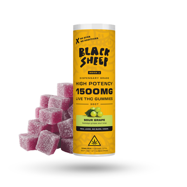 Black Sheep Sour Grape THC Gummies, Indica, 30-count, bright purple gummies with sour coating on a white background