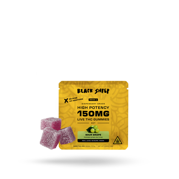 Black Sheep Sour Grape THC gummy pack with three gummies, indica strain, featuring vibrant purple and grape flavor on the front.
