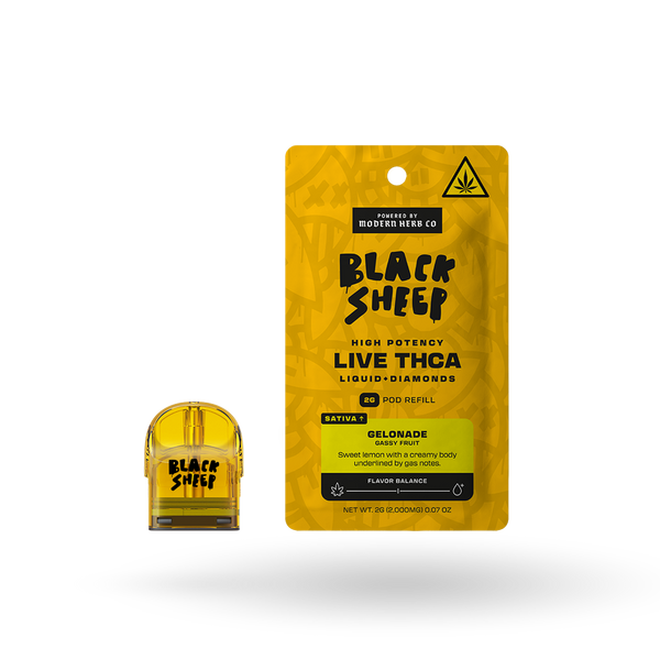 Black Sheep Liquid Diamonds Pod Refill Gelonade Sativa 2g, cannabis vape refill with vibrant packaging and product details.