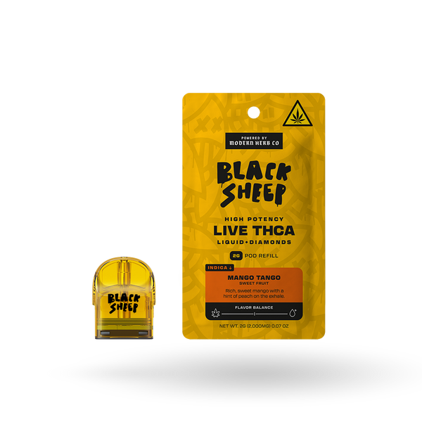 Black Sheep Liquid Diamonds Mango Tango Indica 2g pod refill, showing colorful packaging and product details.
