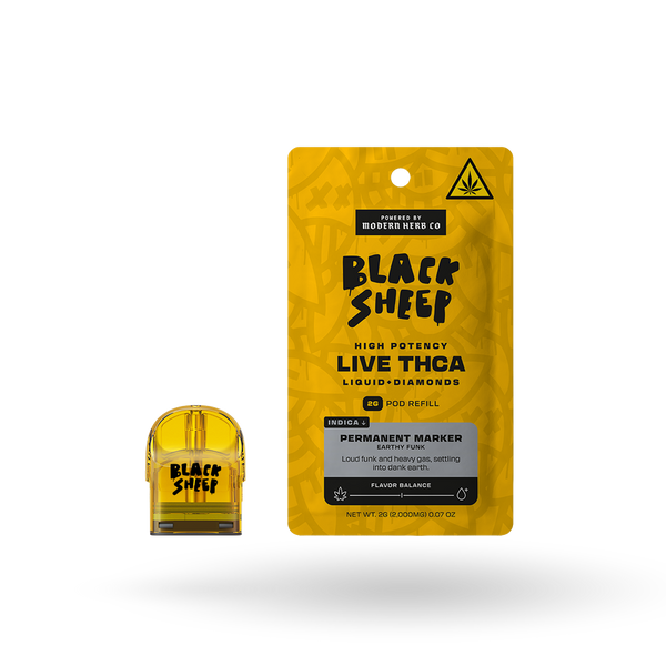 Black Sheep Liquid Diamonds Pod Refill for Permanent Marker, Indica 2g, showing the black and silver packaging with product label.